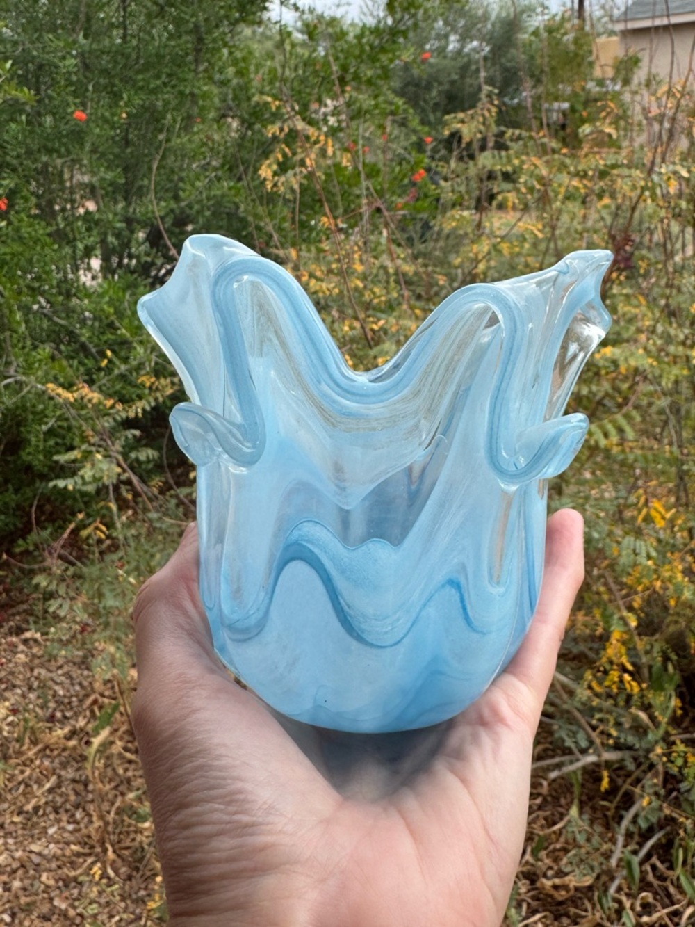 Aqua Blue and White swirl glass tulip handkerchief Murano style hand blown vase